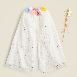 Meri Meri White Tulle and Organza Cape with Pom Poms and Gold Glitter and Wand